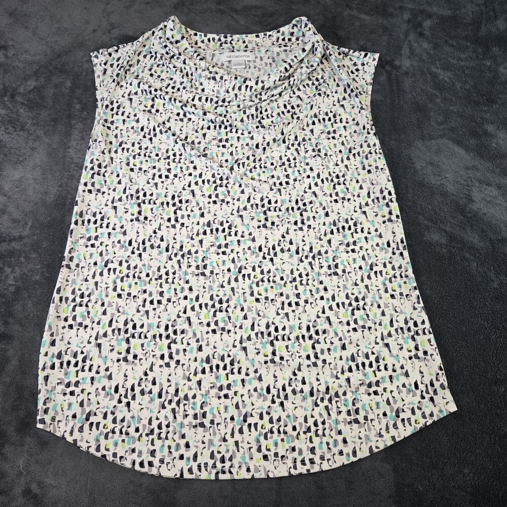Liz Claiborne Women's Top Size L Cowl Neck Sleeveless Blouse Abstract Print